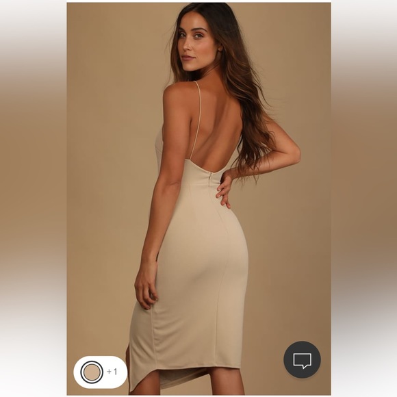 Lulu’s 
Happiest Hour Beige Asymmetrical Bodycon Midi Dress - Picture 3 of 4